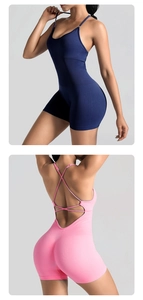 Close-up of cross-back straps and ribbed texture on slim fit athletic yoga jumpsuit