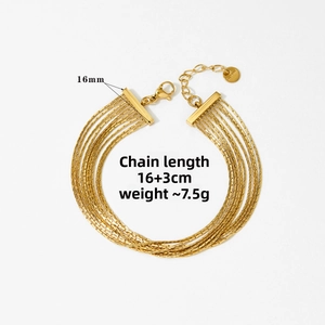Detail of gold multi-layer fringe bracelet with 16cm chain and S.steel hallmark