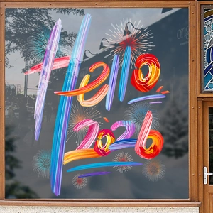 Artistic Hello 2026 Christmas window sticker with colorful brushstrokes for store decor