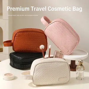 Large capacity PU woven texture makeup bags in four colors with handle for travel