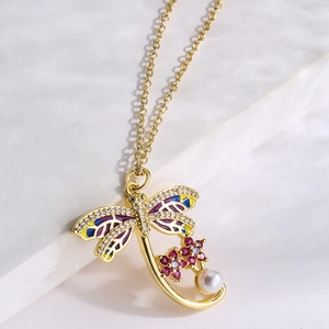 18K gold plated necklace with dragonfly pendant featuring purple enamel and pearls
