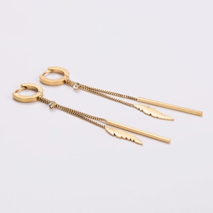 Elegant gold stainless steel long tassel earrings with feather and leaf pendants