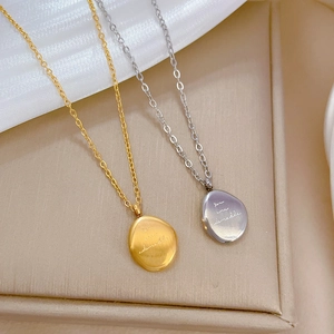 Stainless Steel Pendant Necklace Irregular Gold Bean Shape Engraved Letter Adorable Minimalist Jewelry For Women