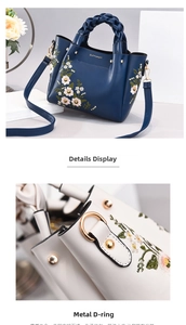 Close-up of golden D-ring hardware and floral embroidery on a stylish women handbag