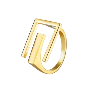 Detailed close-up of golden hollow letter ring with minimalist geometric design