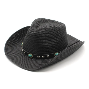 Classic black woven western cowboy straw hat with turquoise and silver rivet band decor