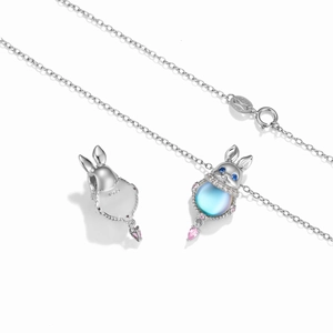 S925 sterling silver rabbit pendant necklace with blue moonstone and pink zircon accents