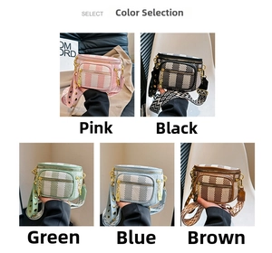 Crossbody bag color options in pink, black, green, blue and brown with woven strap