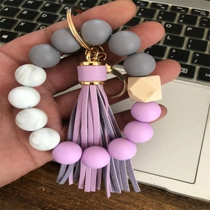 Silicone bead wristlet keychain with leather tassel and marble beads for women