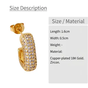 18K gold-plated C-shaped earrings with sparkling cubic zirconia inlay for women