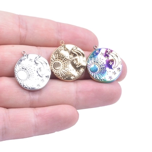 DIY celestial sun moon and star pendants in silver, gold, and rainbow stainless steel