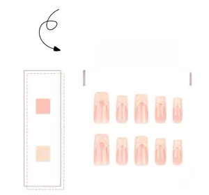 Detailed view of nude pink French gradient press-on nails with glossy square tips