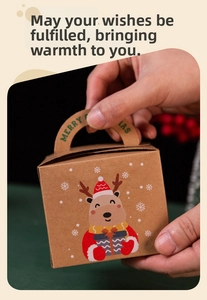 Close-up of a kraft paper Christmas apple box featuring a cute reindeer and snow design