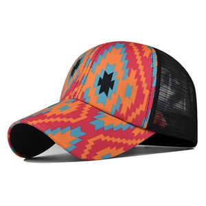 Detail of colorful geometric pattern and breathable mesh on ponytail baseball cap