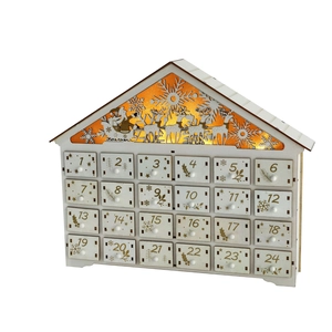 White wooden house-shaped 24-day Christmas advent calendar with warm LED lighting