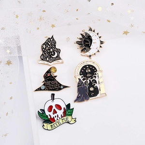 5pcs Halloween enamel pins set featuring skeleton, magic book and sorcerer motifs