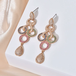 Elegant long tassel drop earrings with colorful zircon crystals on a gold base