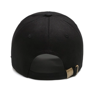 Rear view of black cotton baseball cap with adjustable metal buckle and twill texture