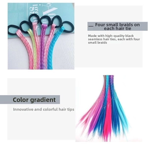 Macro detail of elastic band showing four colorful gradient handmade braided hair extensions