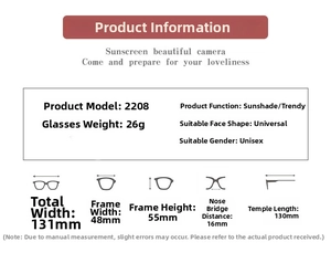 Detailed size chart for kids flower sunglasses model 2208 with full dimensions