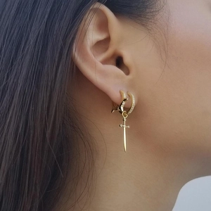 Luxurious gold S925 silver hoop earrings with dagger pendant and sparkling zircon stones