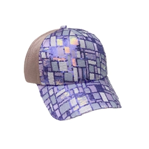 Sparkly sequin baseball cap with purple geometric lattice pattern and breathable brown mesh