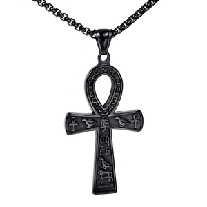 Hip hop black metal Ankh cross necklace with Egyptian hieroglyphs for men