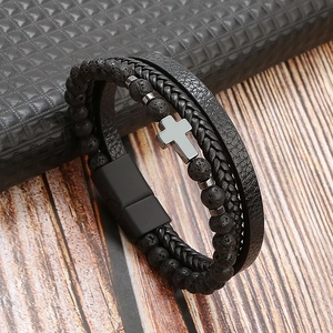 Men's multi-layer leather bracelet with black volcanic stones and a silver metal cross charm