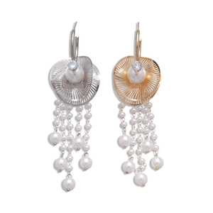 Elegant C-shaped leaf earrings with zircon pearls and tassels in gold and silver finish