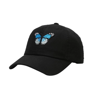 Casquette de baseball en coton noir avec broderie papillon bleue et visière incurvée chic