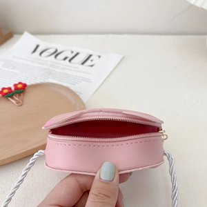 Pink cartoon PU leather crossbody bag for girls with twisted silver shoulder strap