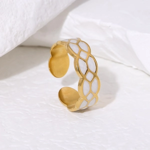 18K gold plated stainless steel open ring with white enamel diamond pattern