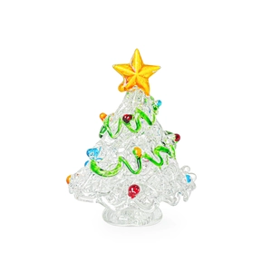 Miniature glass Christmas tree ornament with colorful dots and top star on white background