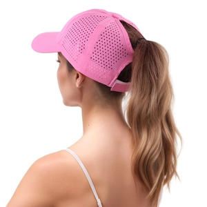 Pink quick-dry baseball cap featuring breathable mesh holes and a ponytail hole detail