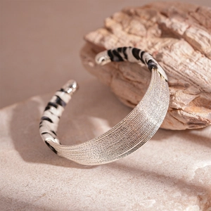 Animal Print Faux Leather Open Bangle Bracelet Brushed Alloy Multi Layered Cuff Fashion Jewelry For Women