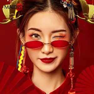 Hip hop style small oval red sunglasses with golden metal frame for women fashion