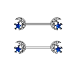 Silver nipple ring set with blue stars and crescent moon with sparkling crystals