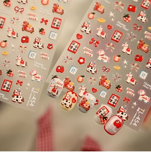 Detail of TL-454 red festive nail stickers with cute horse and lucky apple patterns