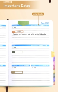 Detail view of the 2026-2027 weekly planner layout with water intake tracker and index