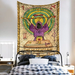 Detailed retro tarot The Magician tapestry hanging as a bohemian wall decoration