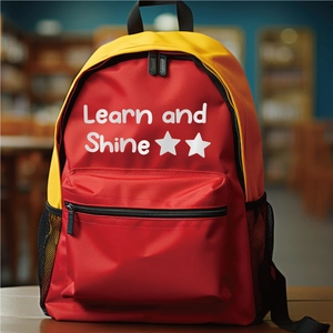 Detail view of red and yellow student backpack with Learn and Shine print in a library