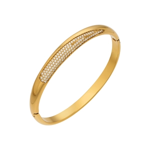 Bracelet jonc en acier inoxydable doré orné de zircons cubiques sur fond blanc pur