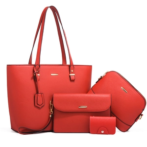 Elegant 4-piece red tote bag set with crossbody, clutch, and card holder in cross pattern