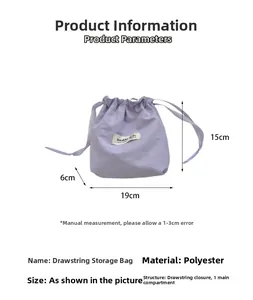 Detailed size view of lavender drawstring pouch showing 19x15x6cm dimensions