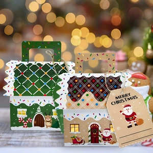 Christmas gingerbread house paper candy boxes with festive patterns and hang tags