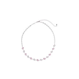Silver necklace with pink and clear square zircon pendants and adjustable chain link