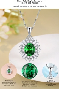 Detail of emerald cut green gemstone pendant with micro-paved high carbon diamonds