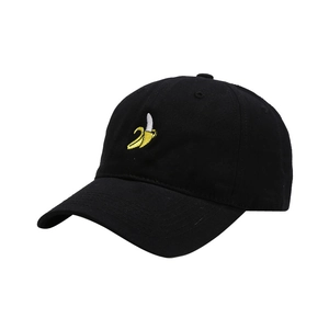 Classic black cotton baseball cap with yellow banana embroidery and a curved brim