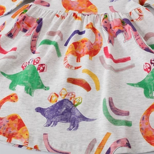 Robe à manches longues pour fille en maille grise avec motifs dinosaures colorés et taille plissée