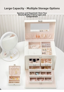 Detailed interior of luxury multi-layer jewelry box with vanity mirror and pink lining